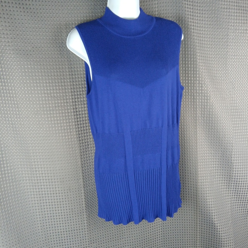 Renuar Sleeveless Mock Neck Ribbed Tunic Top L Blue‎ Knit NWT Women's
